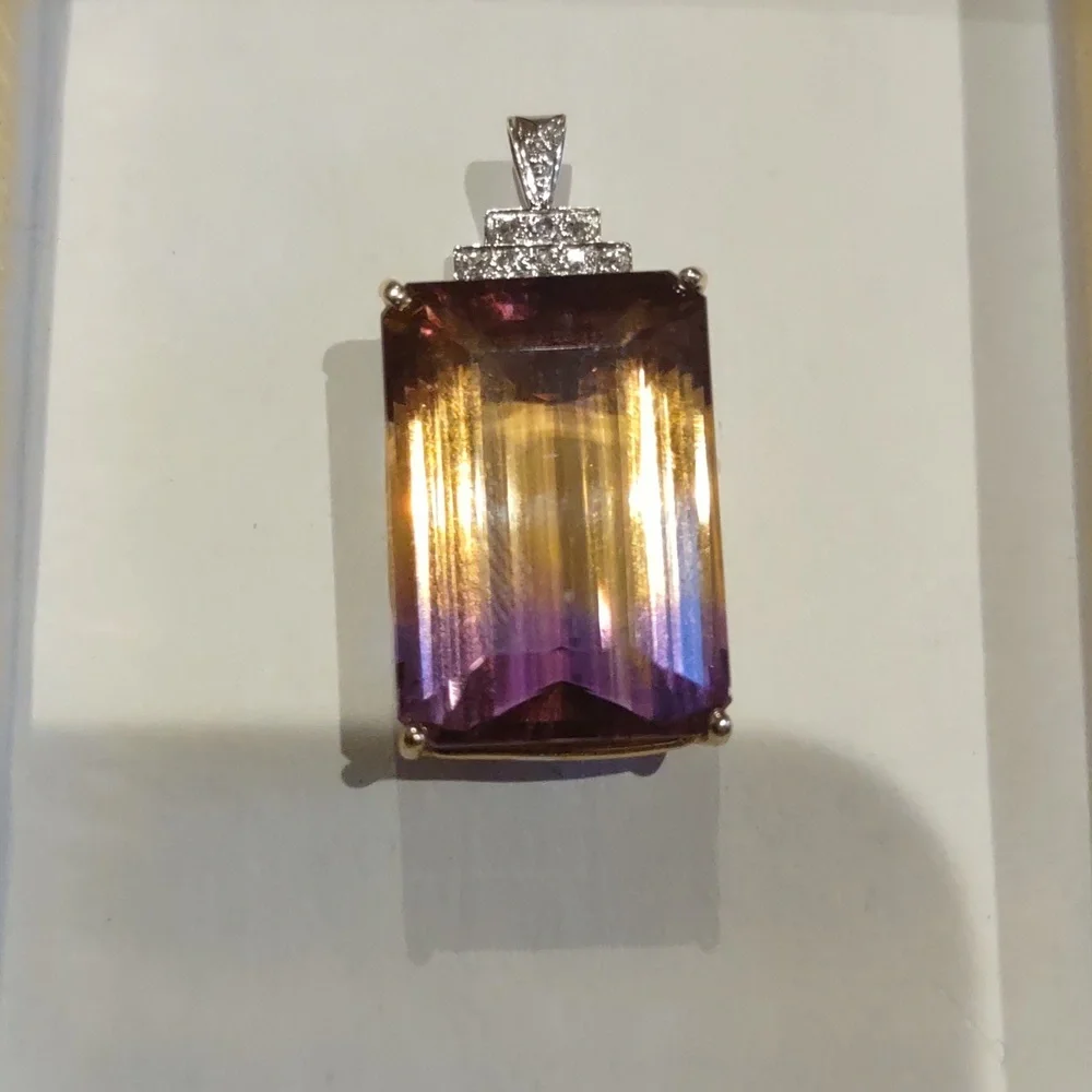 Ametrine Stone pendant amethyst, citrine stone, 14 kt yellow gold diamon…